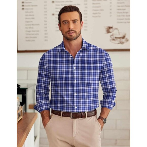 Men’s Long Sleeve Plaid Dress Shirt, Cotton Button-Down Wrinkle-Free Navy Blue - Picture 2 of 5